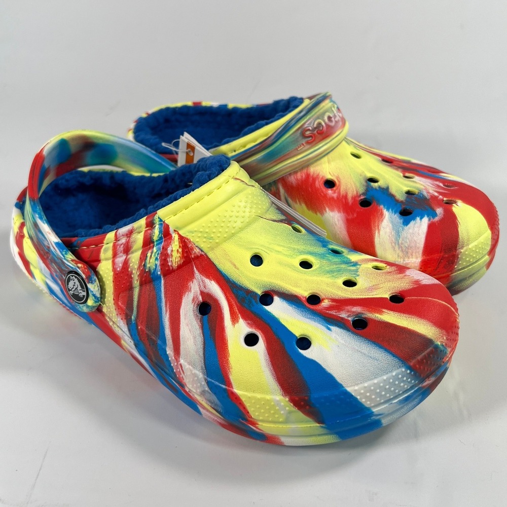 Crocs Kids' Classic Lined Marbled Clog Sulphur/Multi Tie-Dye Blue Fur Size 3